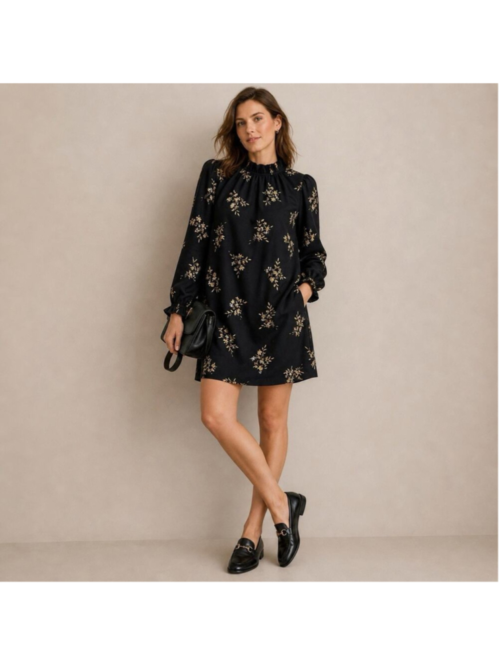 J Crew Floral Ruffle Neck Long Billow Sleeve Mini Shift Dress 14 NWT